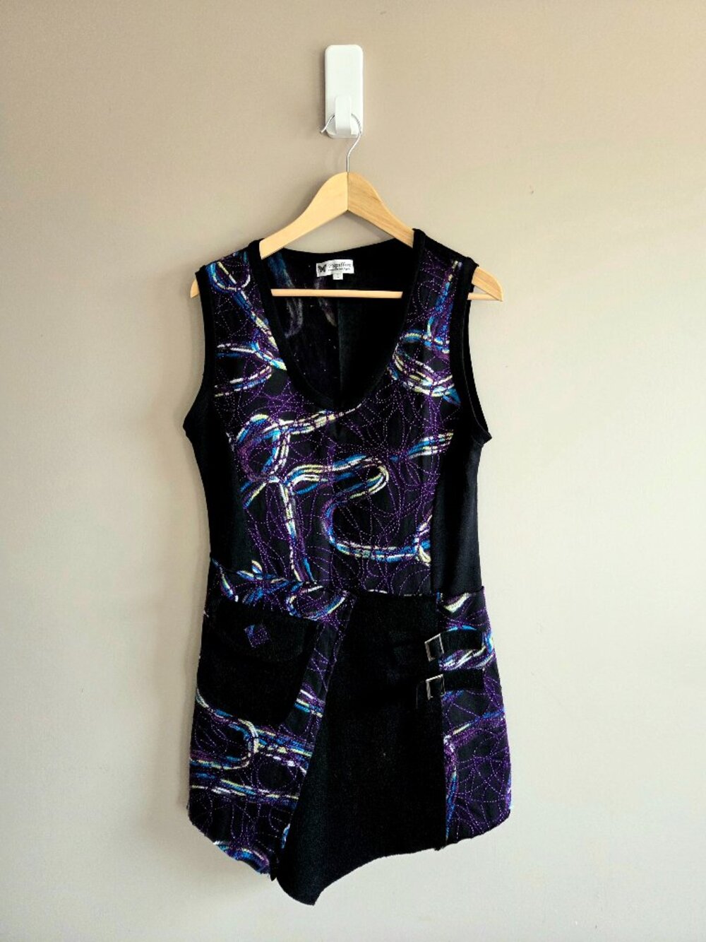 Papillon black/purple chain link pattern fabric tunic with asymmetric hem - Picture 2 of 12